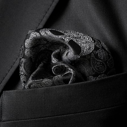 Pochette de costume en soie à motif cachemire noir et gris pour hommes - Pochettes de costume à motifs