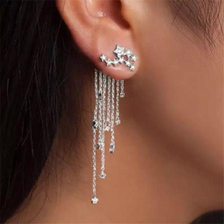 Unika Silver Örhängen - Stjärnor Med Kedjor & Vita Rhinestones Silver