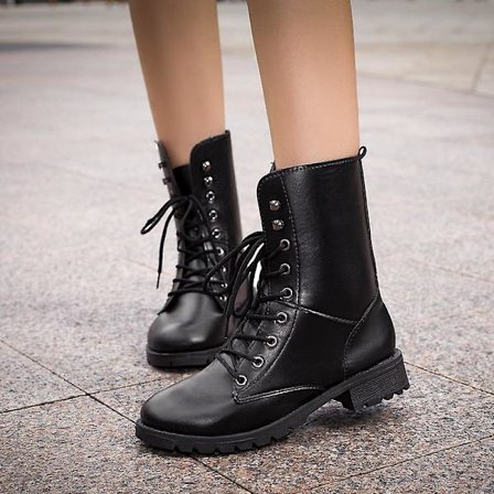 Lace Up Pu Läderstövlar Kvinnor Block Häl Mid Calf Skor Gothic Punk Låg Klack Stövlar