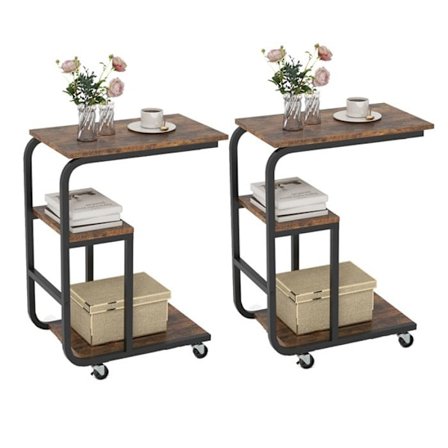 COSTWAY Sæt af 2 Rullende C-formede Industrielle Sideborde, Åbne Hylder, Metalramme, Låsebare Hjul