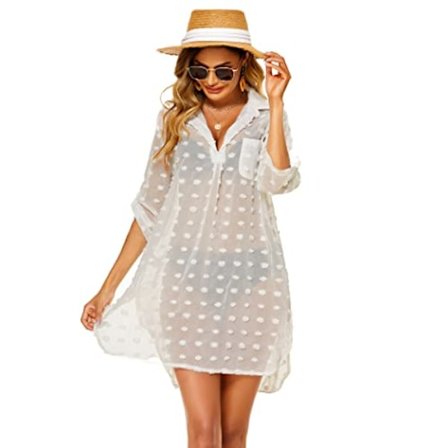Kvinners badedrakt stranddekke skjorte bikini strandklær badedrakt stranddekke kjole, B-hvit-slank, L