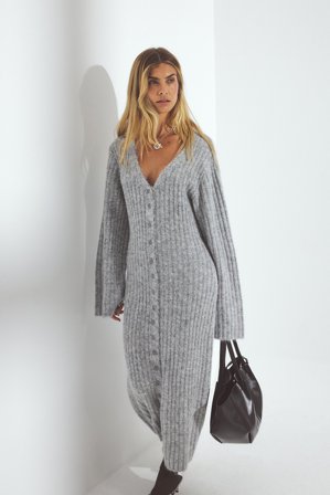 NA-KD Knitted Wool Blend Cardigan Maxi Dress - Efterårskjoler - Grå - S (EU 34-36)