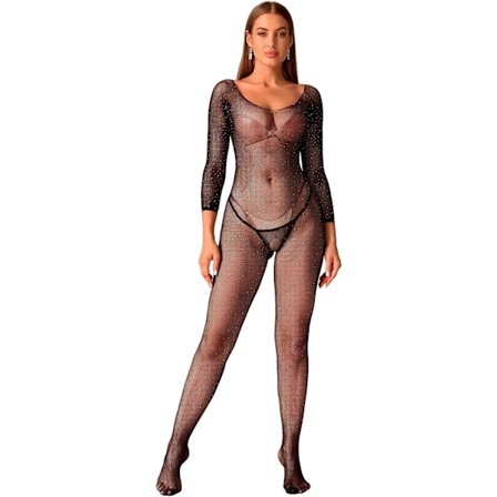 der Whisper Women's Sexy Fishnet Bodystockings Rhinestone Lingerie Crotchless Tights Stretchy Bodycon Basic Underwear Black