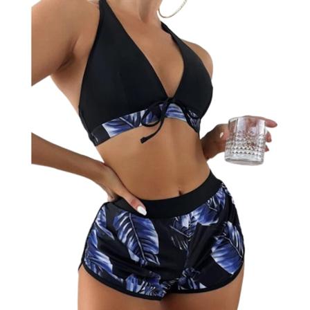 3-delt bikinisett for kvinner med truse, kryssstropper og høy midje Blue M