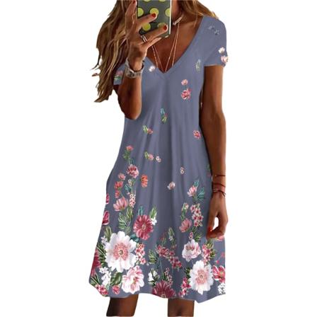 Print Blomstertryck Lös Sommar Vneck Kortärmad Klänning