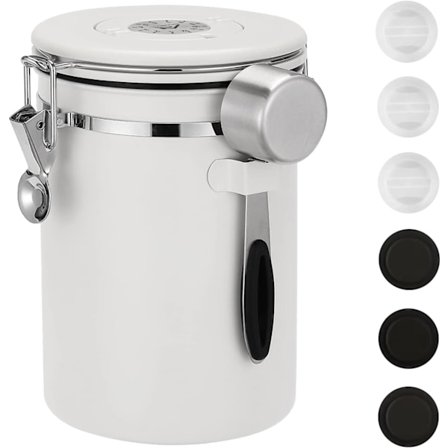 Kaffeboks, forseglet kaffebeholder, oppbevaringsbeholder for kaffebønner med skje, 1,8L hvit