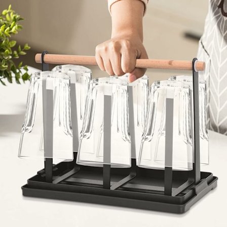 Flaskeholder, flasketørrer, 6 drikkeglas eller krus med aftagelig drypbakke, skridsikker glasafløb, glashylde (sort)
