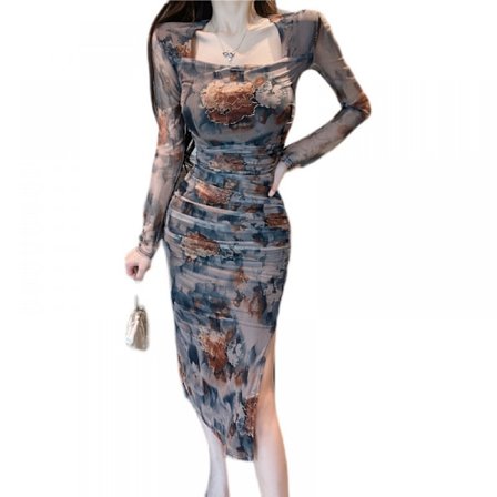 Firkant Hals Bodycon Maxi Lang Kjole Slim Fit Wrap Hofte Kjole L