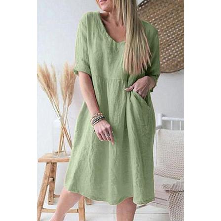 Sommar Dam Midiklänning Casual V-ringad Kort Ärm Solid Rosa L