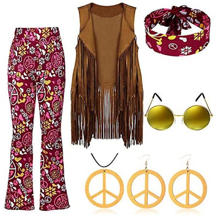 70-talls Hippie Party Retro Kostyme Dusk Vest+bukser+skjerf Dress