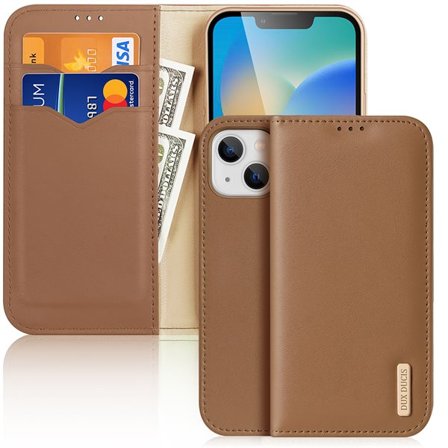 Dux Ducis Hivo Leather Flip Cover Genuine Leather Wallet for kort og dokumenter iPhone 14 Plus Brown