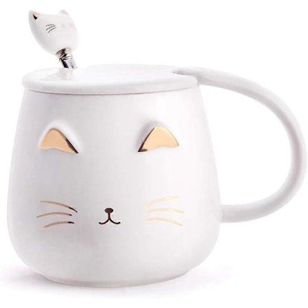 Valkoinen kissamuki, söpö kissan muotoinen keraaminen kahvimuki ruostumattomasta teräksestä valmistetulla lusikalla