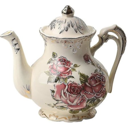Keramisk Kaffe- og Tekande, Elfenbensfarvet Porcelæn Vintage Tekande Med Guldblade Kant (Rød Rose Mønster)