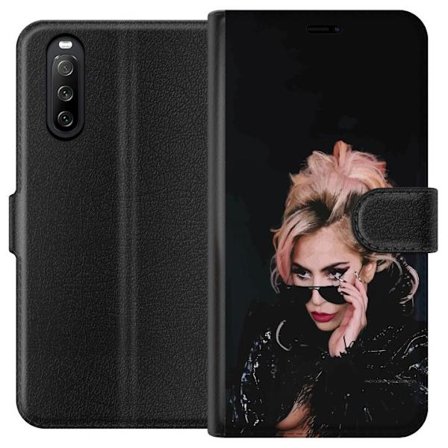 Yhteensopiva Lompakkokotelo Sony Xperia 10 III Lady Gagan muotokuva aurinkolaseilla ja dramaattisella meikillä tummassa glamuurityylissä