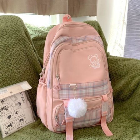 Høy skole college student rute mønster ny college student produkt stor kapasitet lett kvinners ryggsekk - lys rosa