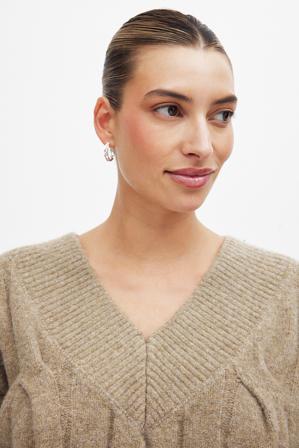 NA-KD Knitted V-Neck Cable Sweater - Tricot épais - Beige - S (EU 34-36)