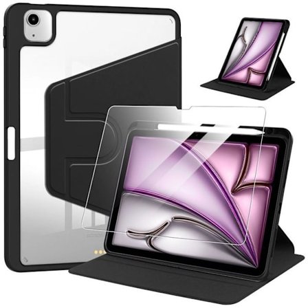 Cover + Tempered Glass til iPad Air 13" (M3/M2 2025/2024) Rotationsetui med Penneholder - Sort