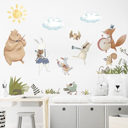 Woodland Animal Wall Stickers Bear Fox Deer Wall Decor Kids Room Baby Nursery Watercolor Cartoon Animal Band Player Wall Decal 30*90CM*2PCS