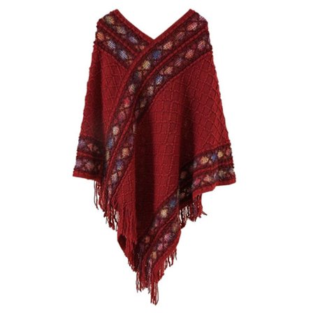 Mongolsk Poncho Rhombic Stripe Tassel Sjal RØD