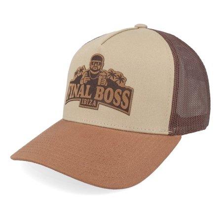 Iconic - Beige Trucker Cap - Ibiza Final Boss Engraved Khaki/Brown/Caramel A-frame Trucker @ Hatstore