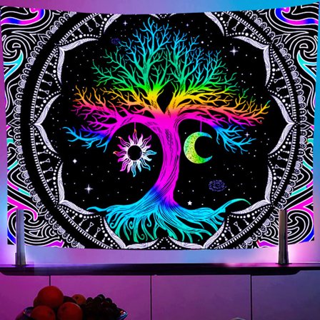 Sol og måne veggteppe svart lys fargerik bakgrunn månefase