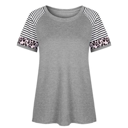 Dam T-shirt Randigt Print Kortärmad Blus Med Rund Hals,