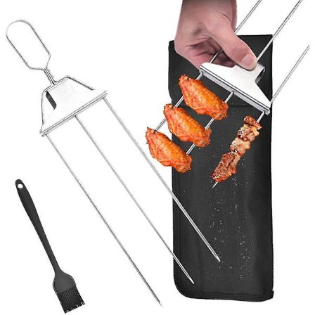 3-veis grillspyd, 3-tannet grillspyd i rustfritt stål for grilling, grillspyd i metall, halvautomatisk grillgaffel med skyveknapp