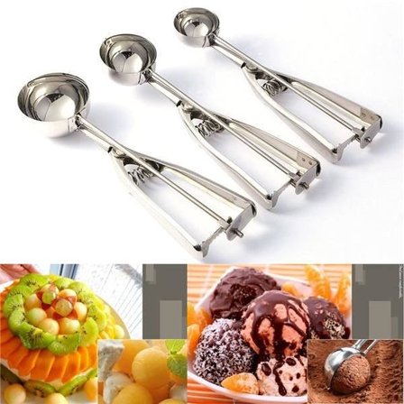 3-osainen ruostumattomasta teräksestä valmistettu jäätelökauha, jäätelöannostelija, keksilusikka (4 cm, 5 cm, 6 cm)