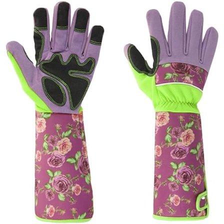 Långa trädgårdshandskar för kvinnor, taggfria, andningsbara underarmsskydd, blommönster för rosor, kaktusbeskärning, rosa