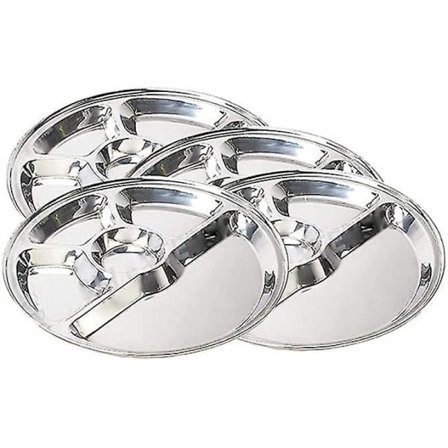 Set med 4 Runda Tallrikar i Rostfritt Stål, Fem Fack, Thali, Serveringsbricka, Matplatta