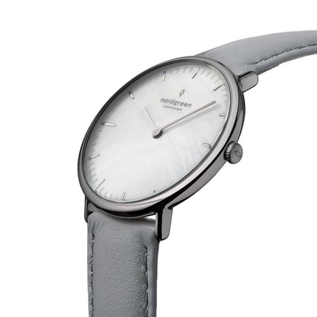Nordgreen Danish minimalist slim women's watch - Gun Metal Case - Black Dial - 28mm Grey Leather Watch Band Native White Dial