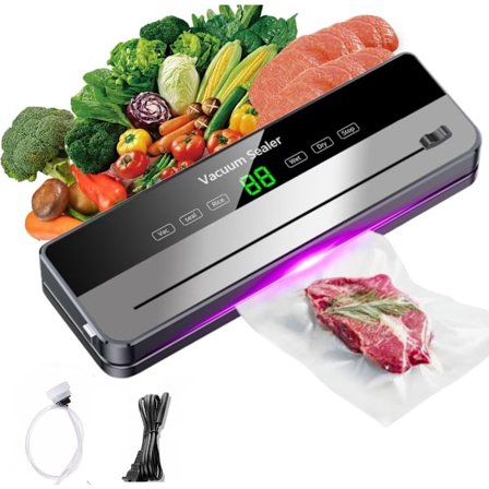 Vakuumforsegler, 6 i 1, Egnet for type mat som brukes, Våt og tørr bruk, Innebygd kutter, Inkluderer 10 vakuumposer