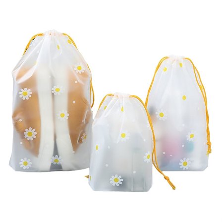 Pakke med 10 stk. skopose-trekk for skooppbevaring og reise, snorposer vanntett, hvit tusenfryd