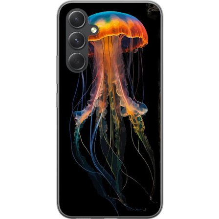 Kompatibel Mobilcover til Samsung Samsung Galaxy S24+ Farverig manet i neonlys på sort baggrund, detaljeret undervandsdesign med lysende tentakler, p