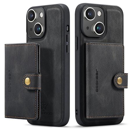 iPhone 15- Läderplånboksfodral med magnetiskt hållare