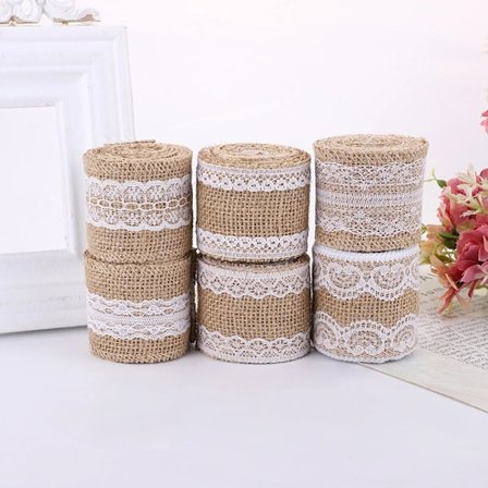 Jutebånd, Naturlig Jutevævskrans med Hvid Blonde, Jutevæv Jute_tfrf