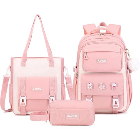 Rygsæk til piger, 3-delt sæt med rygsæk til piger med tyverisikker baglomme, vandafvisende tote-taske med penalhus til folkeskolen