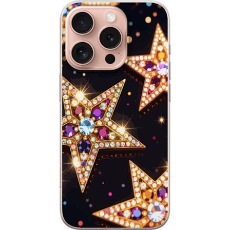 Kompatibelt Mobilskal till Apple Apple iPhone 16 Pro Lyxiga gyllene glitterstjärnor med kristaller och bokeh på en mörk bakgrund perfekt för feste