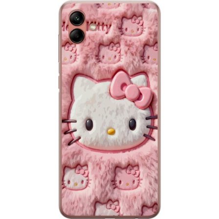 Yhteensopiva Puhelinkuori Samsung Galaxy A04 Hello Kitty vaaleanpunainen pörröinen tausta, jossa on ikoninen kasvot ja kawaii-esteettisyys
