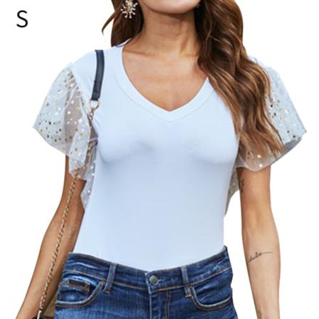 Dam T-shirt Sommar V-hals Gaze Paljett Kortärmad Casual