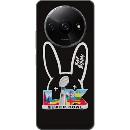 Kompatibel Mobilcover til Xiaomi Redmi A3 Bad Bunny portræt med åben skjorte, tatoveringer og krøllet hår i stilfuld modefotografering