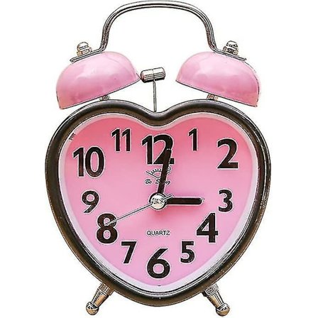 Dobbel bjelle vekkerklokke hjerte vekkerklokke uten tikking med nattlys for barn jenters soverom (rosa)