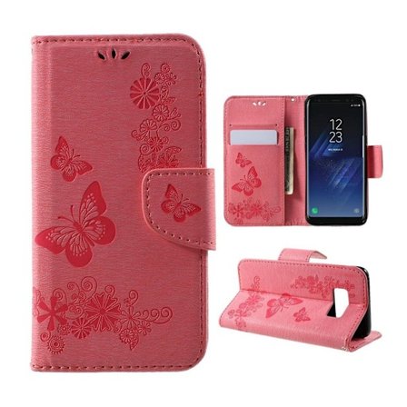 Samsung Galaxy S8 Sommerfugl Avtrykk Lær Flip Etui- Rosa