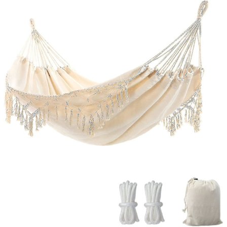 Trädgårdshängmatta med snygga tofsar 2 personer Makraméhängmattesäng med bärväska Kompatibel uteplats, gård, ut-f