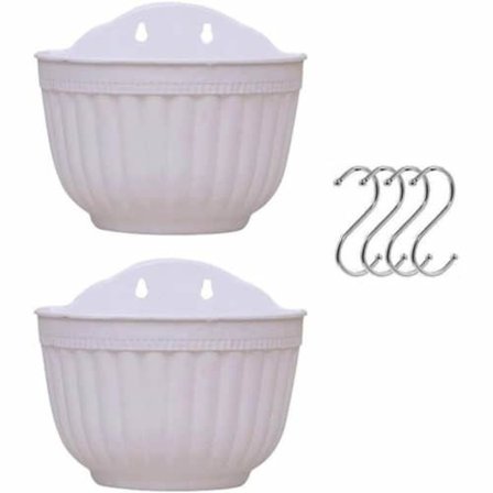 Sæt med 2 ophængte blomsterkrukker i plast med dræn og 4 kroge (hvid + hvid)