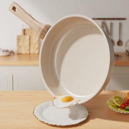 24 cm valkoinen graniitti tarttumaton paistinpannu lämmönkestävällä kahvalla, yhteensopiva kaikkien liesien kanssa