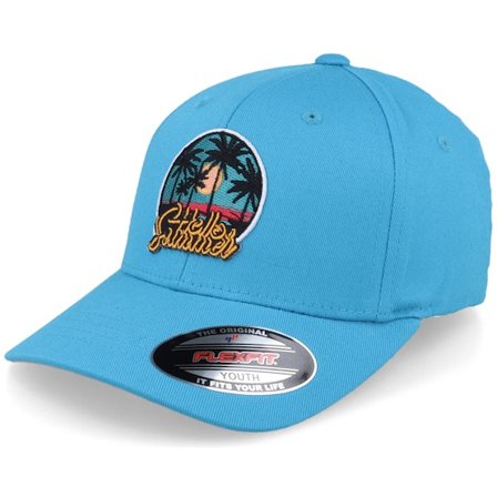 Kiddo Cap - Blu flexfit Cappellino - Kids Hello Summer Palm Sunset Ocean Blue Flexfit @ Hatstore