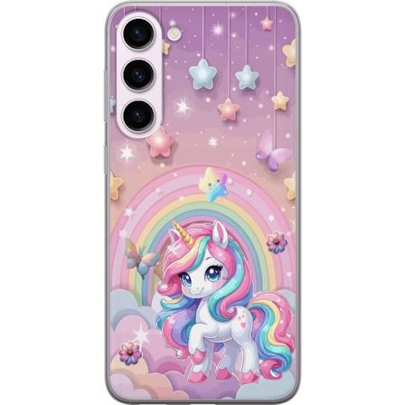 Kompatibel Mobilcover til Samsung Galaxy S23+ Magisk enhjørning med regnbue manke, stjerner og sommerfugle mod en pastelfarvet himmel med skyer
