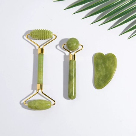 Roller med Gua Sha Massage Set (3 st) - Ansiktsroller för behandling av svullna ögon, huduppstramning, ansikte & hals, naturlig