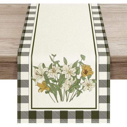 33 x 180CM Sommerdekorativ Bordløper (Rutete Grønne Blader), Burlap Bordløper for Bryllup, Sommer, Høstfestival, Utendørs Festdekorasjon